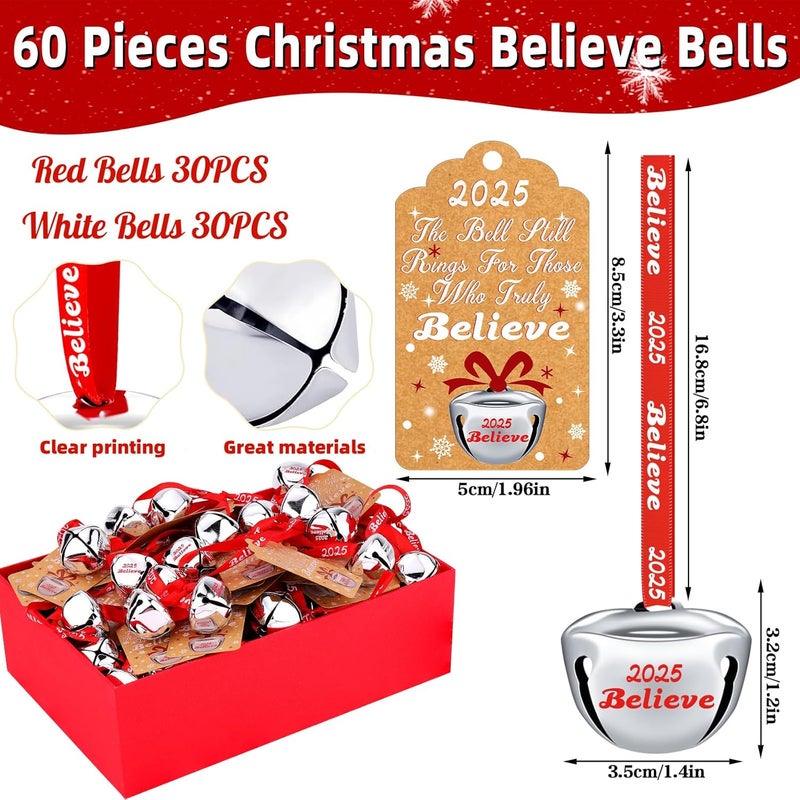 LUYI 60 Sets Christmas Bells Decor Christmas Believe Bell Ornaments Bulk Polar Express Bell Decorations Xmas Party Gifts Favors Tags Silver Sleigh Jingle Bells for Christmas Tree Decoration(1.6 Inch) - Image 3